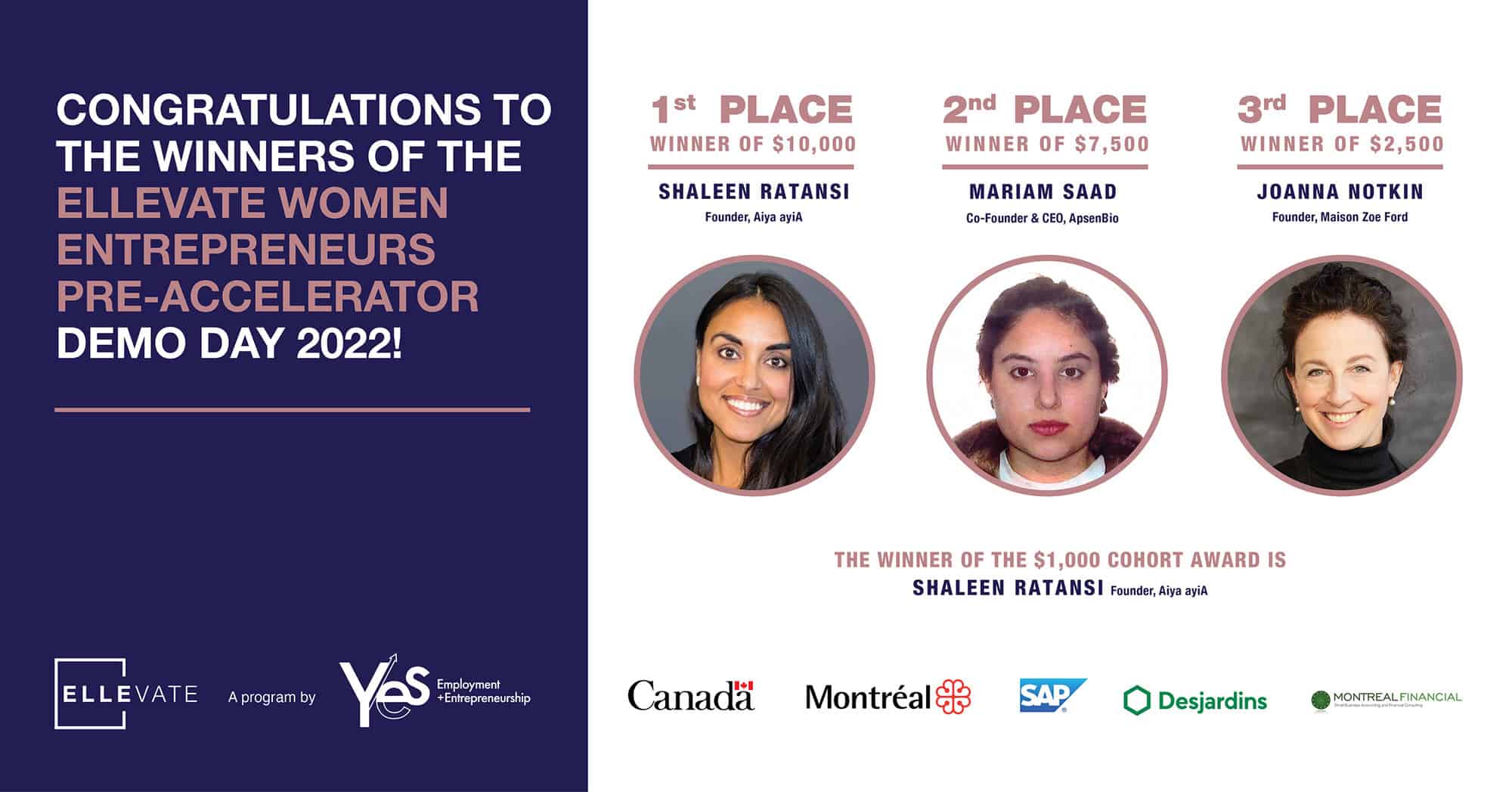 Ellevate Women Entrepreneurs Pre-Accelerator Demo Day 2022 Winners: Shaleen Ratansi (1st place), Mariam Saad (2nd Place), Joanna Notkin (3rd Place).