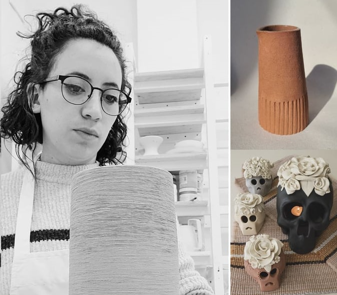 A layout of three pictures one with Cecilia Mejia in black and white looking at a vase. The second image to the reader's right is of a clay vase with earth tones, and the bottom right are a bouquet of flowers